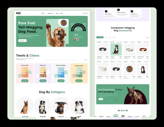 Web app ecommerce dashboard showing product listings, shopping cart, and secure checkout features